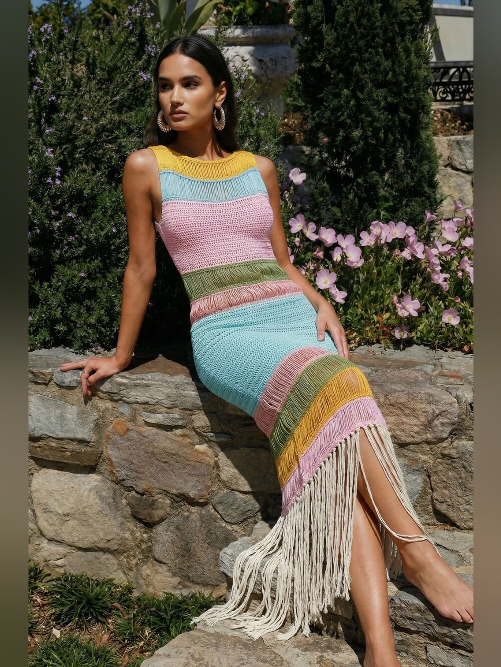 MICAS Multicolor Crochet Knit Fringe Maxi Dress Size XXL